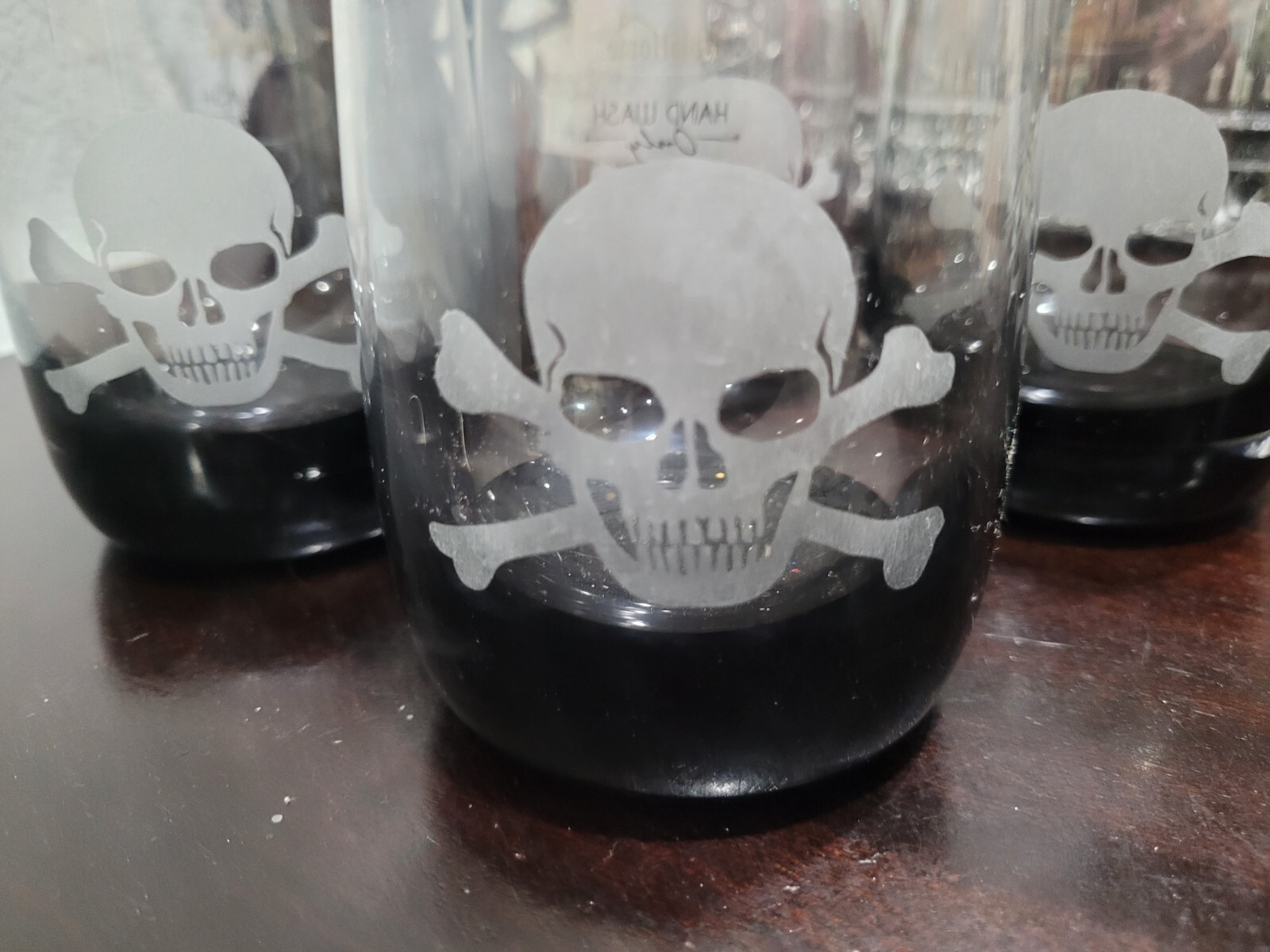 4pc Halloween Crossbones Skulls Black Clear Drinking Glasses Item image 3