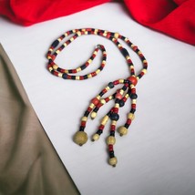 Vintage Red White and Blue Wood Beaded Tassle Necklace Dangle 36&quot; Boho P... - $159.36 MXN