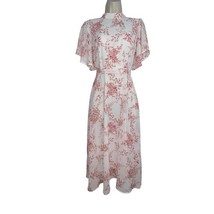 SHEIN WHITE PINK FLORAL MIDI HIGH NECK OPEN TIE BACK WAIST TIE SHORT SLE... - $9.17