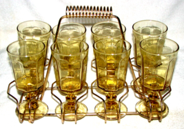 Antique LENOX Paneled Glass 8 Amber, Golden 6&quot; Juice/Wine Glasses/ Brass... - $84.15