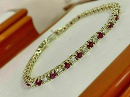 12Ct Simulated Diamond Red Ruby Tennis Bracelet in 14k Yellow Gold Plated Silver - £156.44 GBP
