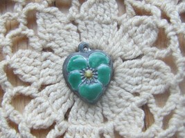 Vintage Sterling silver enameled puffy heart charm-EMERALD  GREEN pansy - £22.98 GBP