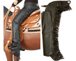 Western Horse Black Smooth Leather Show Chaps MEDIUM w/ Fringe Motorcycl... - £109.76 GBP