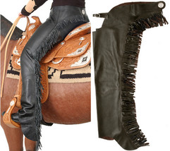 Western Horse Black Smooth Leather Show Chaps MEDIUM w/ Fringe Motorcycl... - £109.15 GBP