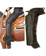 Western Horse Black Smooth Leather Show Chaps MEDIUM w/ Fringe Motorcycl... - £109.22 GBP