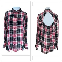 Treasure And Bond Women Plaid Button Front Open Back Cut Out Blouse Larg... - $18.42