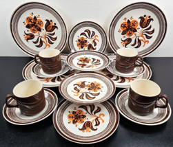 (4) Royal Starfire 4 Pc Place Setting Vintage Floral Brown Band Retro Di... - £100.97 GBP