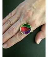 Sterling Silver 925 Multicolor Enamel Ring with 18k Gold Plating, Vintage - $90.52