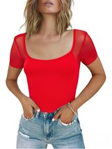 CRIPOM Mesh Thong Bodysuit Women Red Short Sleeve Size M - $213.28 MXN