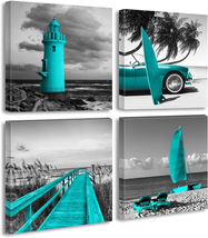 Beach Wall Art Teal Wall Decor Bathroom Decor Sets Accessories Black and White O - £29.21 GBP