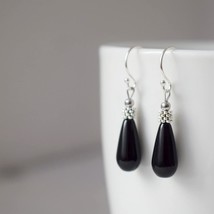 Black Onyx teardrop earrings, Black gemstone silver drop earrings, Sterling silv - £26.66 GBP