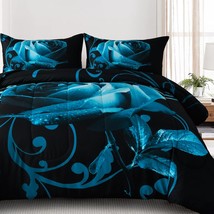 Wongs Bedding Teal Blue Comforter Set King Reversible Teal Blue Rose Pattern - £43.57 GBP