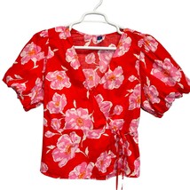 Old Navy Floral Wrap Top Red Pink Size XL Puff Sleeve V-Neck Tie Waist Cotton  - £15.61 GBP