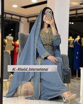 Grey Festive Farasha Abaya Wedding Kaftan Dress Fancy Moroccan Georgette... - $76.62