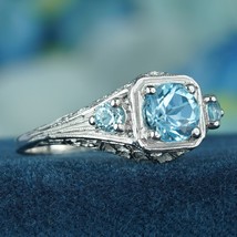 Natural Blue Topaz Vintage Style Filigree Three Stone Ring in Solid 9K Gold - £441.77 GBP