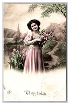RPPC Tinted Beatiful Woman w Flowers Amitiés Ffriendship Romance Postcard U22 - £3.06 GBP