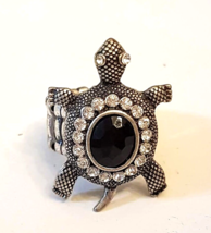 Figural Turtle Stretch Ring Fashion Jewelry Rhinestone Accented Silver Tone - £15.76 GBP