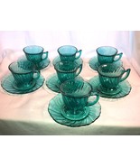 Seven Ultramarine Swirl Cups And Saucers Depression Glass - $39.99