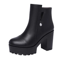 Quality Block Heels Short Ankle Boots for Women Winter Platform Boots Leather Pl - £55.36 GBP