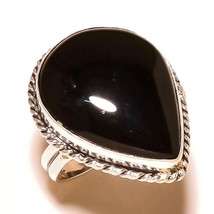 Black Onyx Pear Gemstone 925 Silver Overlay Handmade Rope Bezel Ring US-8.75 - £7.81 GBP