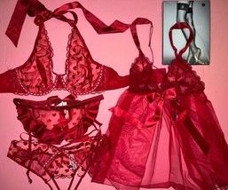 Victoria&#39;s Secret M-DD 36DD/34DDD BRA SET+garter+BABYDOLL RED HEART embr... - £127.32 GBP