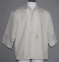 VTG Beau Tiki Cream Hidden Buttons Upper Lace Sleeves Textured Shirt Mn&#39;... - $36.99
