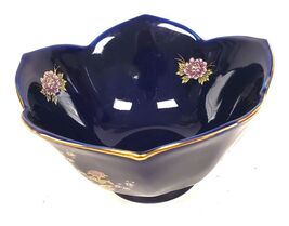 Vintage Black Fluted Porcelain 2.5" Bowl Gold Rim &amp; Hand-Painted Floral ... - $12.82