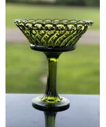 Green Glass Pedestal Compote Candy Bowl Reticulated Open Lace Edge Open ... - $29.48