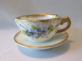 Antique Limoges Elite Tiny Bone China Attached Cup &amp; Saucer, Blue Floral... - £17.57 GBP