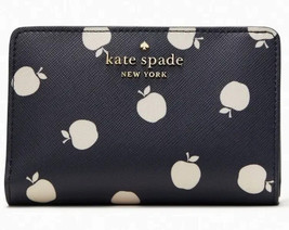 Kate Spade Staci Navy Blue White Apple Medium Compact Bifold Wallet K8304 NWT - £45.88 GBP