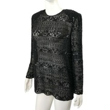 Vintage Sheer Black Beaded 100% Silk Zip Up Top Long Sleeved Shirt Women&#39;s Sz M - £57.40 GBP