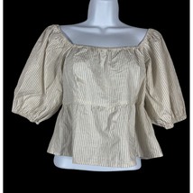 Sim and Sam Womens Crop Top Size Large Tan Stripes Puff Sleeve Smocking ... - $18.00