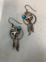 Native American Southwest 925 Eagle Feather &amp; Turquoise Dangle Earrings - £29.99 GBP