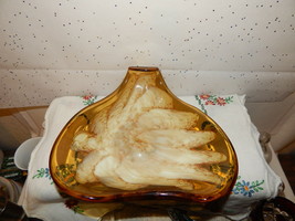 Vintage Hand Blown Art Glass Dish~Swirl Design INSIDE~BUBBLES~HANDLE~7&quot; X 7-3/4&quot; - £19.43 GBP