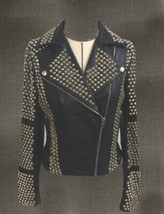 Ladies Fashion Leather Jacket Silver Studded Women Biker Style Leather Jacket - £254.99 GBP