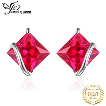JewelryPalace Square Created Red Ruby 925 Silver Stud Earrings for Women Fashion - £16.80 GBP