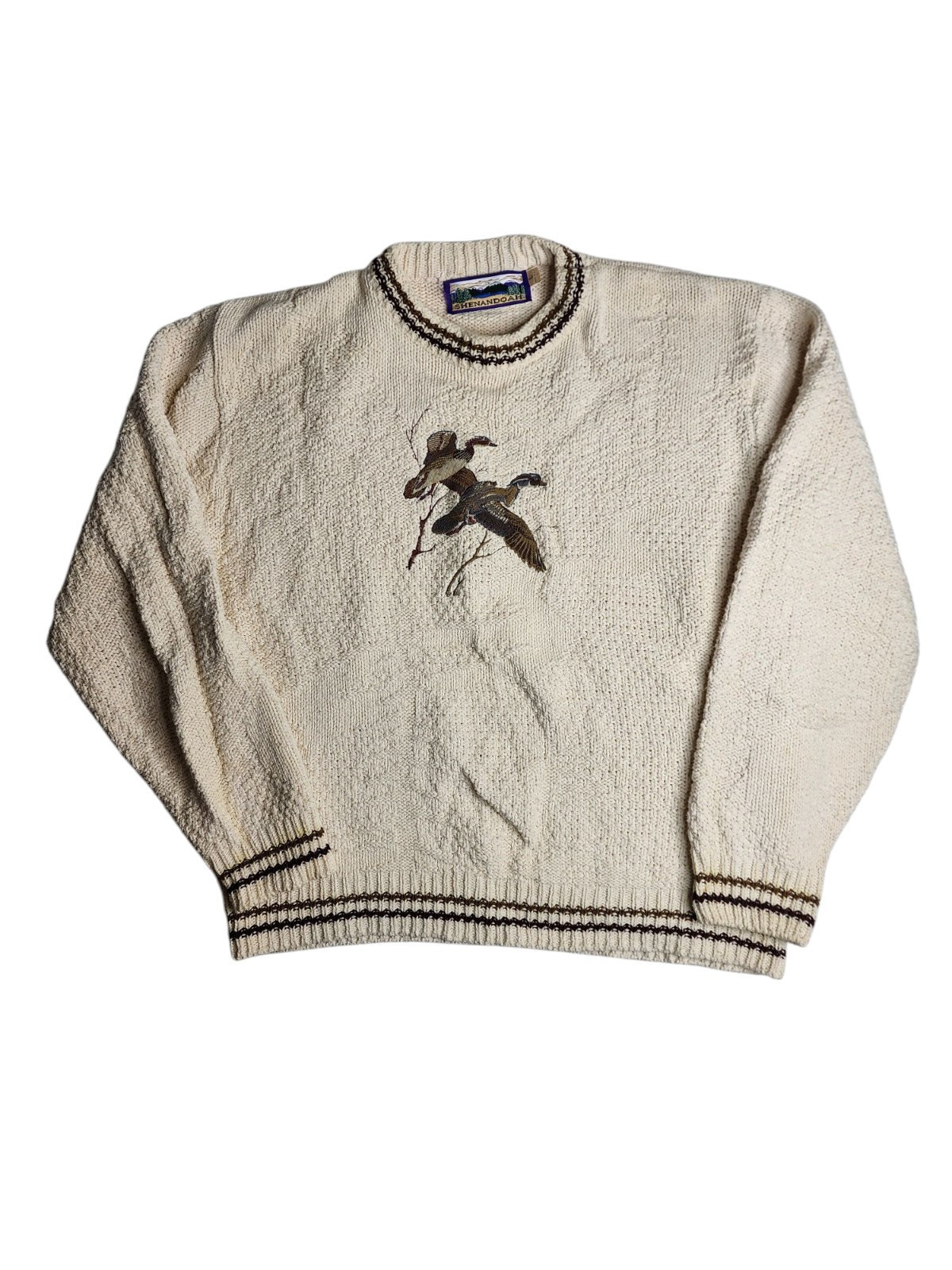 Shenandoah Sweater Cream Duck Hunting Embroidered Chunky USA Vintage Siz... - $49.45