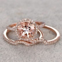 1.75Ct Round Cut Peach Morganite Wedding Trio Ring Set in 14K Rose Gold Finish  - £77.72 GBP