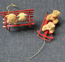 Flocked Avon Teddy Bear Christmas Ornaments Collection Red Metal Set of 2 Sled - £9.58 GBP