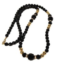 Black Bead Beaded Necklace Gold Rhinestones 28" Fashion Jewelry Womens Chic - £11.68 GBP