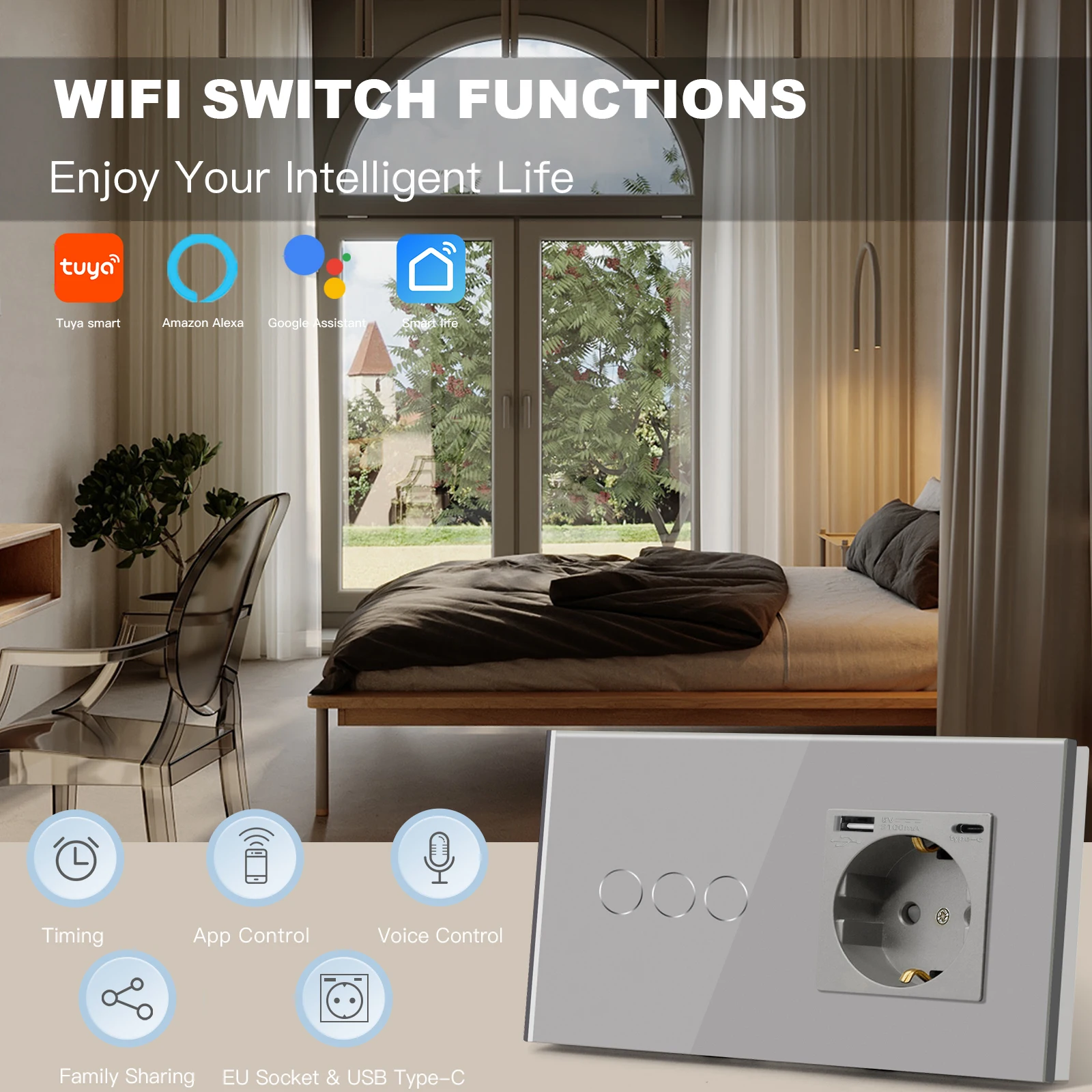 House Home BSEED Wifi Touch Switch 1/2/3Gang Smart Light Switches EU Wall Socket - £62.93 GBP