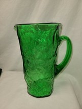 Green glass pitcher Bark Texture 2 Quart Hand Blown 9&quot; Tall - £13.64 GBP