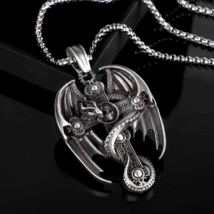 Men Silver Winged Dragon Skull Cross Pendant Necklace Punk Jewelry Box Chain 24&quot; - £9.48 GBP