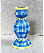 Hand Painted Blue Plaid Ceramic Taper Candle Holder Whimsical Fun Novelty - $14.85