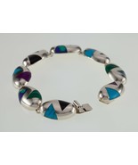 Vintage Mexico Sterling Silver Multi-Color Inlay Pie Cut Stone Bracelet ... - $8,844.93 MXN