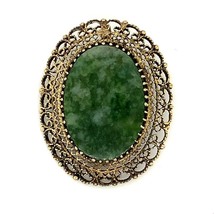 Vintage Sterling Signed K.L. Karen Lynne Oval Celadon Jade Stone Filigree Brooch - £35.28 GBP