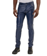 Men Leather Pants Blue Trousers Slim Fit Biker Men&#39;s Jeans Style Pant MP010 - $161.21 CAD