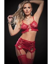 G World Intimates Laced Bra, Garter Skirt, Thong &amp; Stockings Red O/s - $28.90