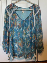 SUNDANCE Blue Silk Print Tunic Top w Tie Tassels &amp; Lace Trim MEDIUM M lined - £19.44 GBP