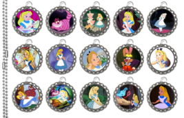 15 Alice In Wonderland Silver Flat Bottle Cap Necklaces Set 1 - £12.45 GBP